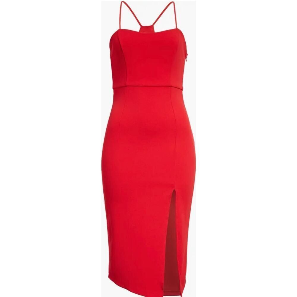 Lulus Get the Party Going Cocktail Bodycon Midi Dress Red Women's Size Large NWT - Picture 9 of 9